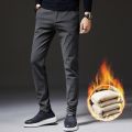 Winter Men's Warm Casual Pants Business Fashion Slim Fit Stretch Thicken Gray Blue Black Cotton Trousers Male.