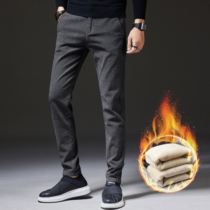 Winter Men's Warm Casual Pants Business Fashion Slim Fit Stretch Thicken Gray Blue Black Cotton Trousers Male