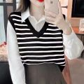 Vest Vest Autumn Women's New Design Sense Niche Wear Knitted Striped Loose V Collar Fake Two Pieces Shirts. 