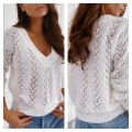 New Women's Polish Style Solid Mocha Hollow V-neck Knitted Sweater.