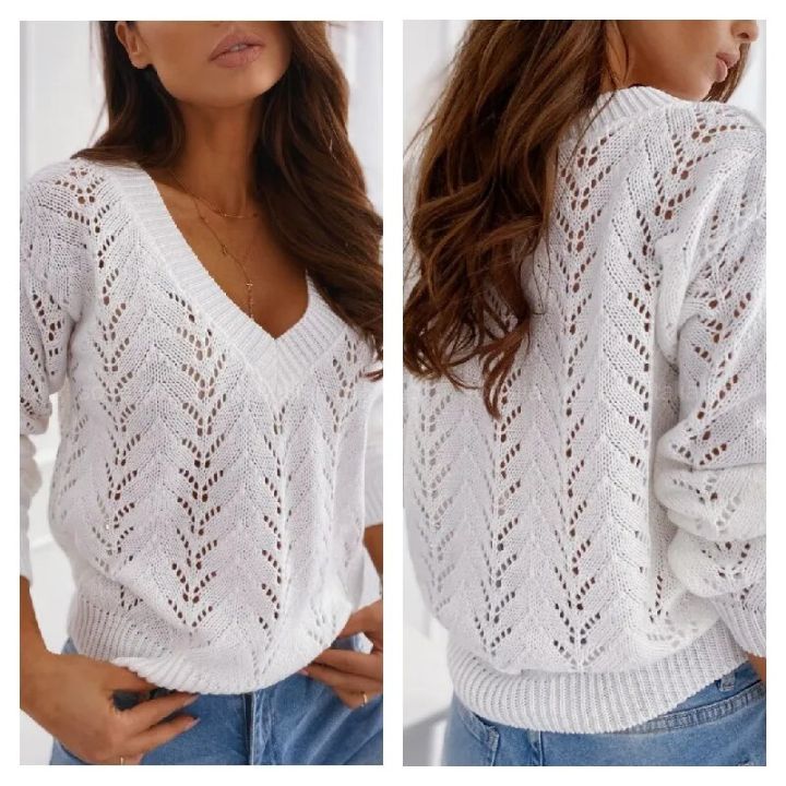 New Women's Polish Style Solid Mocha Hollow V-neck Knitted Sweater