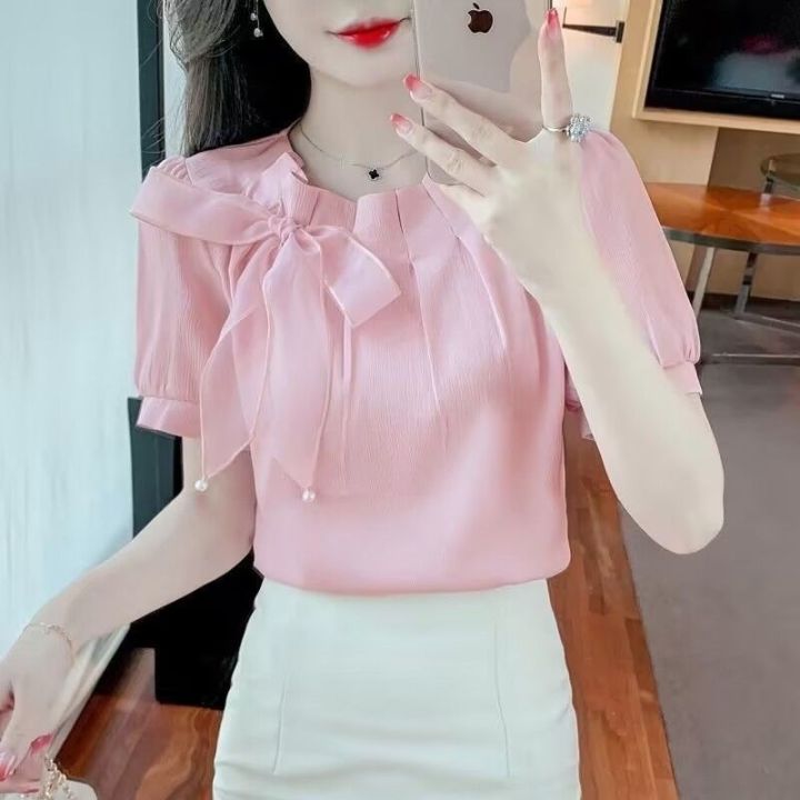 French Chic Bow Short Sleeve Chiffon Shirt Summer Women's Clothing Design Sense Niche Top Western Style Beautiful Small Shirt