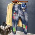 Men's Graffiti Jeans Fashion Spray Paint Ripped Hole Personality Hip-hop Streetwear Male Clothing Slim Youth Denim Trousers. 