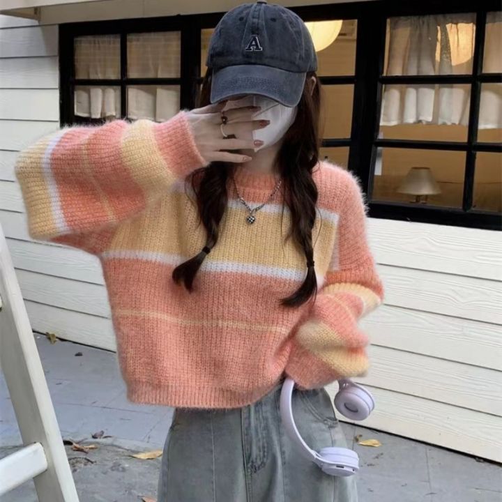 Korean Style Autumn and Winter New Color Matching Striped Hot Girl Short Loose round Neck Long Sleeve Pullover Sweater Top Sweater for Women