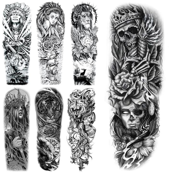 Full Sleeve Temporary Tattoos For Women Men Realistic Skulls Roses Tigers Lions Tattoo Stickers Thigh Waterproof Tatoos