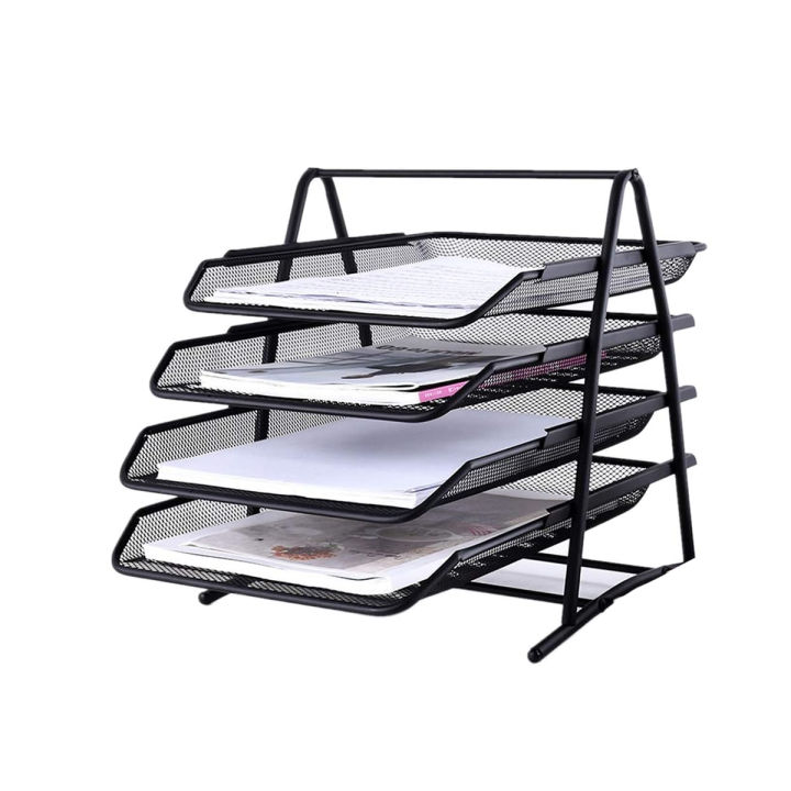 4-Tier File Rack Metal Mesh Letter Tray Triangular Rack Desk Document Organizer File Tray for Office/School/Home