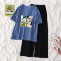 Single Piece / Suit T T-shirt Women's Summer Korean Style ins Cartoon Small Printed Loose Wide-Leg Pants Short-Sleeved Shirt Fashion.