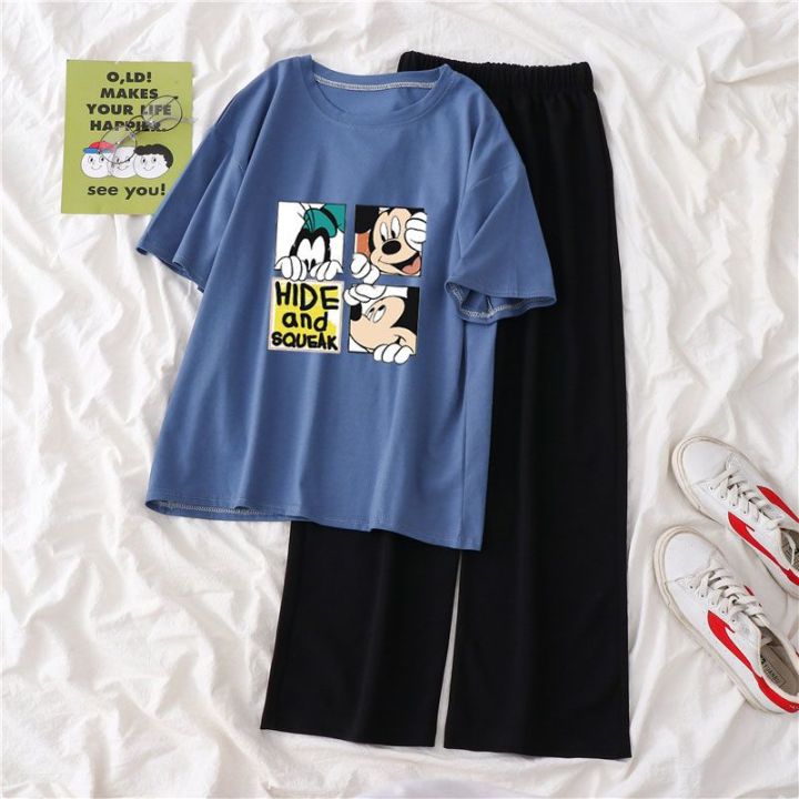 Single%20Piece%20/%20Suit%20T%20T-shirt%20Women's%20Summer%20Korean%20Style%20ins%20Cartoon%20Small%20Printed%20Loose%20Wide-Leg%20Pants%20Short-Sleeved%20Shirt%20Fashion%20-%20Image%202