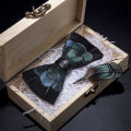 KAMBERFT design handmade feather bow tie brooch wooden box set high quality men's bowtie leather tie for wedding party banquet.