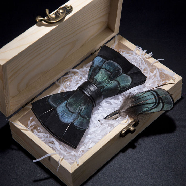 KAMBERFT%20design%20handmade%20feather%20bow%20tie%20brooch%20wooden%20box%20set%20high%20quality%20men's%20bowtie%20leather%20tie%20for%20wedding%20party%20banquet%20-%20Image%202