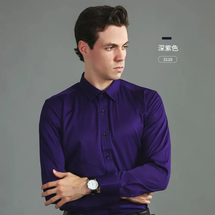 Men's%20Easy%20Care%20Non-iron%20Solid%20Dress%20Shirt%20Slim%20Fit%20Long%20Sleeve%20Male%20Business%20Formal%20Shirt%20Pocketless%20Design%20Stretch%20Shirts%20-%20Image%207