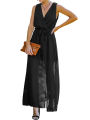 Women’s Casual Sleeveless Long Dress Fashion Solid Color V-neck Bandage High Waist Slit Dress. 