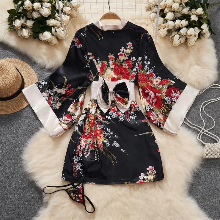 %E3%80%90sought-after%E3%80%91%20Black%20Japanese%20Kimono%20V-neck%20Printed%20Flower%20Waist%20Shaping%20Cardigan%20Mini%20Dress%20Women%20Clothing%20Loose%20Long%20Sleeve%20Lace-up%20-%20Image%202