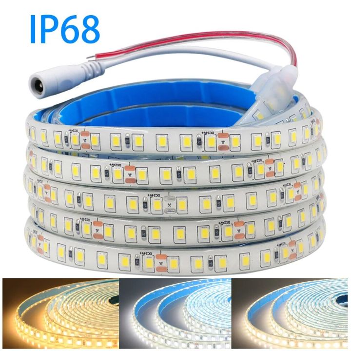 IP68 Waterproof LED Strip 2835 12V 24V Light Adhesive Tape with 2-pin Wire/ DC Plug 120 LEDs Flex Cold/Warm/Natural White Decor