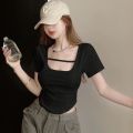 Hot Girls Unique Chic Sweet and Spicy Style Short Top Design Sense Niche Clavicle Square Collar Short Sleeve T Women's Summer T-shirt ins.