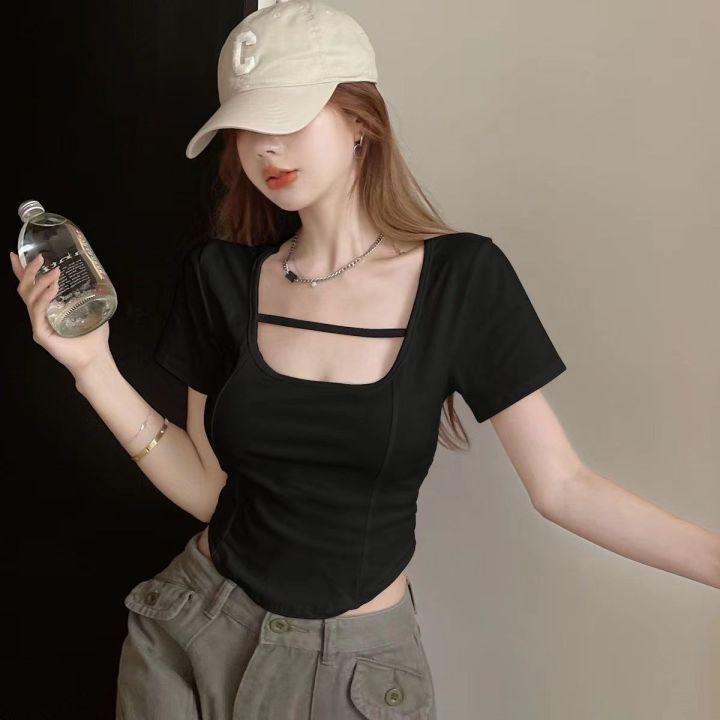 Hot%20Girls%20Unique%20Chic%20Sweet%20and%20Spicy%20Style%20Short%20Top%20Design%20Sense%20Niche%20Clavicle%20Square%20Collar%20Short%20Sleeve%20T%20Women's%20Summer%20T-shirt%20ins%20-%20Image%208