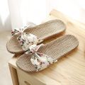 Women Summer Casual Slides Comfortable Flax Slippers Striped Bow Linen Flip Flops Platform Sandals Ladies Indoor Shoes.