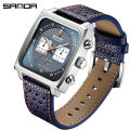 Sanda Hot Selling New Quartz Watch with Three Eyes and Six Needles, Trendy Men's Square Waterproof Band Calendar Watch, One Piece for Shipping.