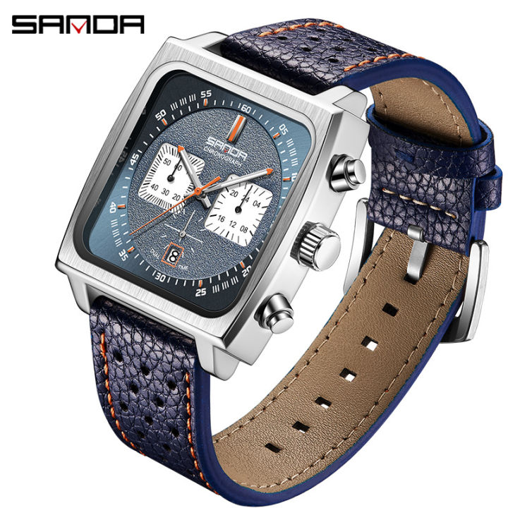 Sanda Hot Selling New Quartz Watch with Three Eyes and Six Needles, Trendy Men's Square Waterproof Band Calendar Watch, One Piece for Shipping