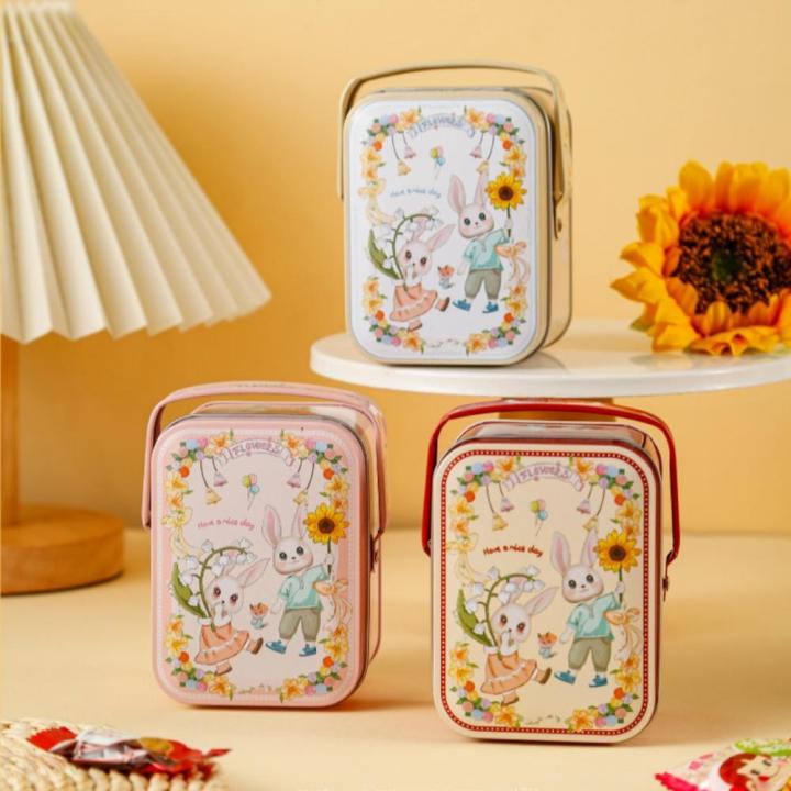 Tinplate Box Unique Handled Portable Cookie Tin Decorative Lightweight Candy Box for Wedding Easter Party Celebration