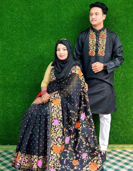 Exclusive Designer Dhupiyan Saree And Dhupiyan Panjabi For Combo Couple Dress - Saree & Panjabi