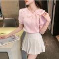 French Chic Bow Short Sleeve Chiffon Shirt Summer Women's Clothing Design Sense Niche Top Western Style Beautiful Small Shirt.