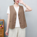 Women's Cotton and Linen Vest Artistic CasualVCollar Sleeveless Waistcoat Summer Thin Outer Match Cardigan Vest Small Coat.