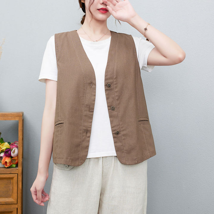 Women's%20Cotton%20and%20Linen%20Vest%20Artistic%20CasualVCollar%20Sleeveless%20Waistcoat%20Summer%20Thin%20Outer%20Match%20Cardigan%20Vest%20Small%20Coat%20-%20Image%203