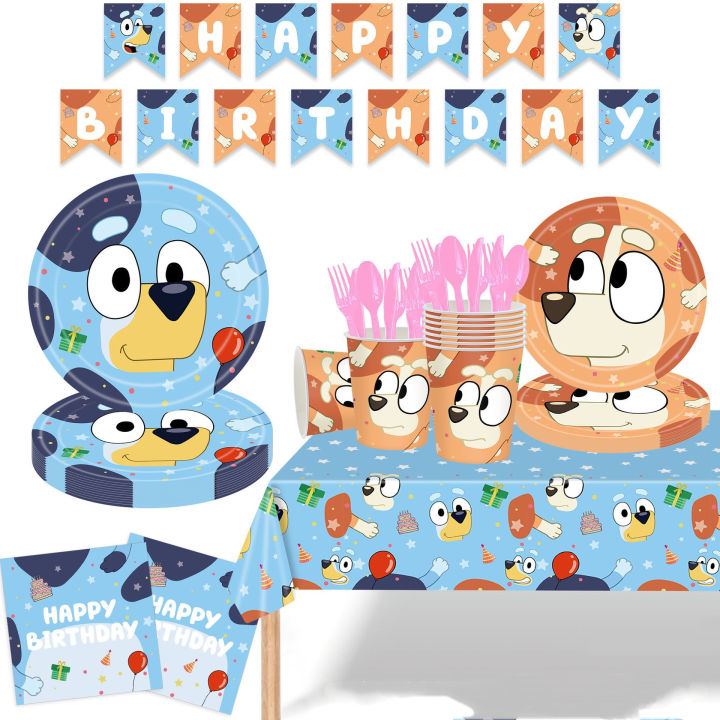 Hot Cartoon Bluey family Dog Birthday Party Supply Disposable Banner Cake Topper Hanging Flag Balloons Set Birthday Decorations