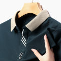 Korean Handsome New 2024 Summer Ice Silk Polo Shirt Loose Breathable Short Sleeved Thin Polo Striped Casual Tops Men's Clothing.