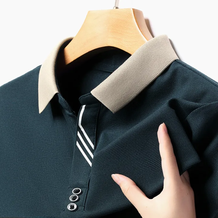 Korean%20Handsome%20New%202024%20Summer%20Ice%20Silk%20Polo%20Shirt%20Loose%20Breathable%20Short%20Sleeved%20Thin%20Polo%20Striped%20Casual%20Tops%20Men's%20Clothing%20-%20Image%204