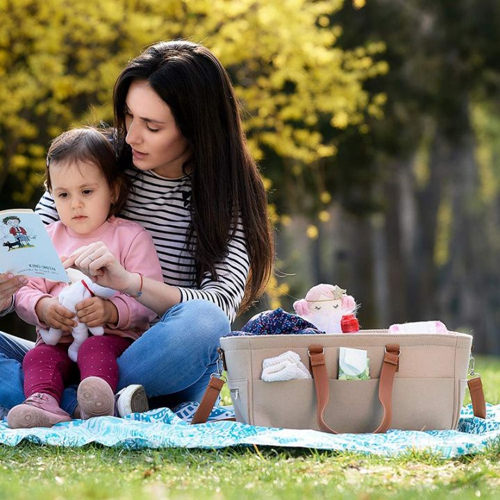 Durable%20Baby%20Diaper%20Caddy%20Organizer%20&%20Changing%20Pad,%20Unisex%20Portable%20Storage%20Bin%20for%20Travel%20or%20Home,%20Eco-Friendly%20Felt%20Basket%20Bag%20with%20Customizable%20Compartments,%20Leather%20Handles%20-%20Image%204