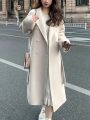 Korean Fashion Women Casual Loose Woolen Coat Elegant and Chic Solid Outerwear Long Overcoat with Belted Female Warm Cloak. 