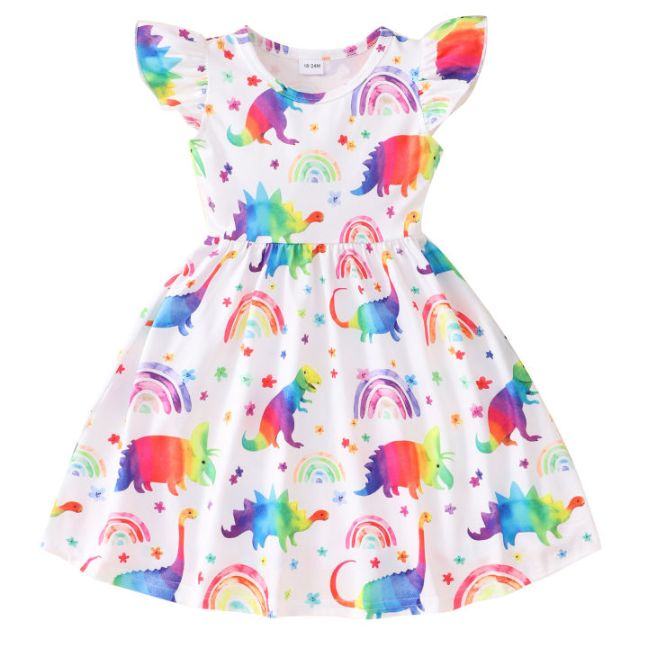 GC%20Baby%20Girls%20Summer%20Casual%20Skirt%20Toddler%20Fly%20Sleeve%20Cartoon%20Dinosaur%20Print%20Dress%20Round%20Neck%20A%20Line%20Dresses%20-%20Image%204