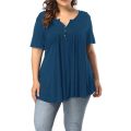 5XL Plus Size Women Short Sleeve Loose T-Shirt Casual Solid Button Pleated Tunic Tops Large Female Pullover Tops Summer Clothes.