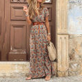 Long Dress High Slit Hem Paisley Print Short Sleeve Belt Long Dress. 