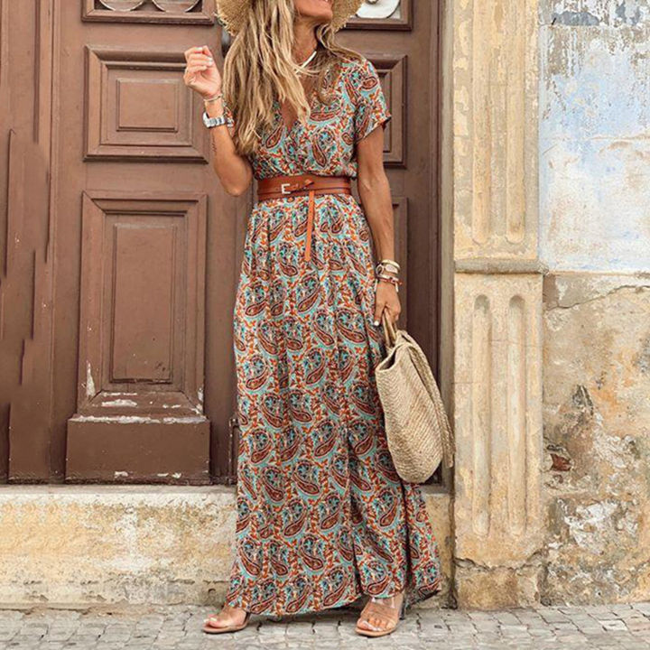 Long%20Dress%20High%20Slit%20Hem%20Paisley%20Print%20Short%20Sleeve%20Belt%20Long%20Dress%20-%20Image%204