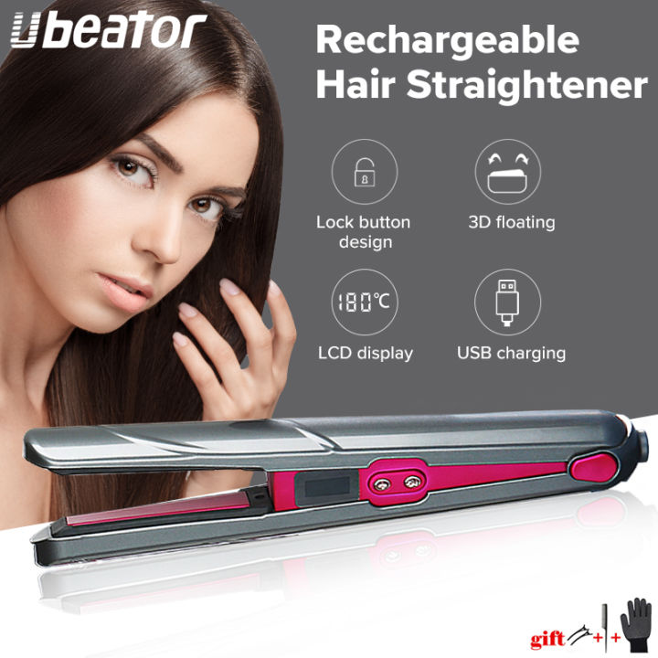 Ubeator USB Charging Wireless Travel Portable Hair Straightener Curler 3D Curved Elastic Panel Rechargeable LED Intelligent Temp Display 658