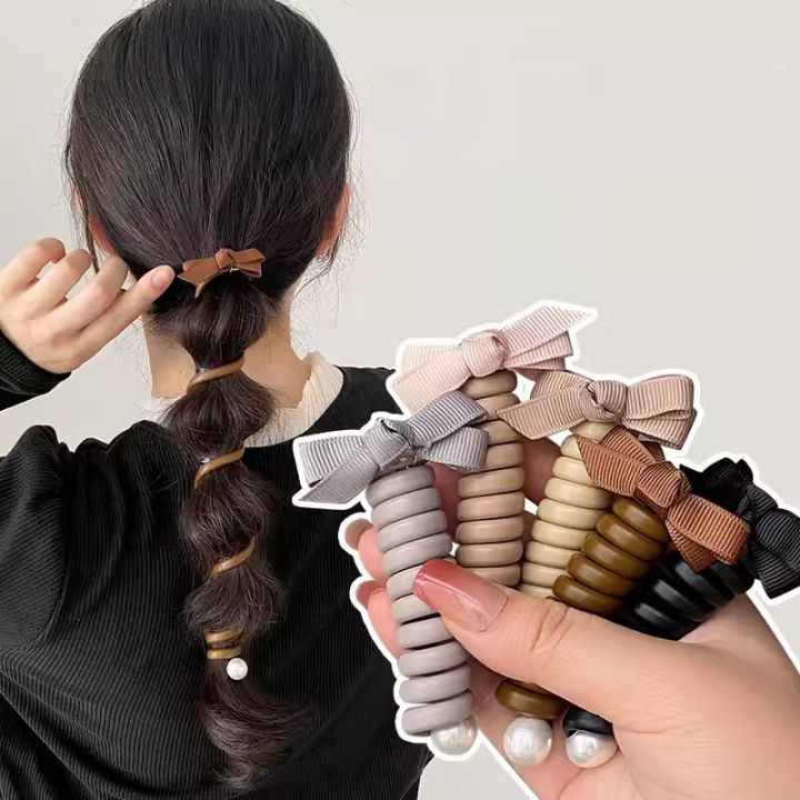 Bowknot Braided Telephone Wire Hair Bands,Spiral Hair Ties Phone Cord With Pearl,Waterproof High Elastic Rubber Hair Band MIO Super Store