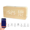 LED Digital Wooden Alarm Clock APP Control Time/ Temperature/ Humidity/ Date Display Electronic Desktop Clock 4 Levels Brightness Sound Control USB Charge or Ba-ttery Supply.