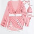 2023New Europe and America Cross Border Conservative Swimwear Women's Solid Color Tassel Mesh Outerwear Short Skirt Four-Piece Bikini.