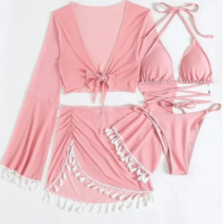 2023New%20Europe%20and%20America%20Cross%20Border%20Conservative%20Swimwear%20Women's%20Solid%20Color%20Tassel%20Mesh%20Outerwear%20Short%20Skirt%20Four-Piece%20Bikini%20-%20Image%205
