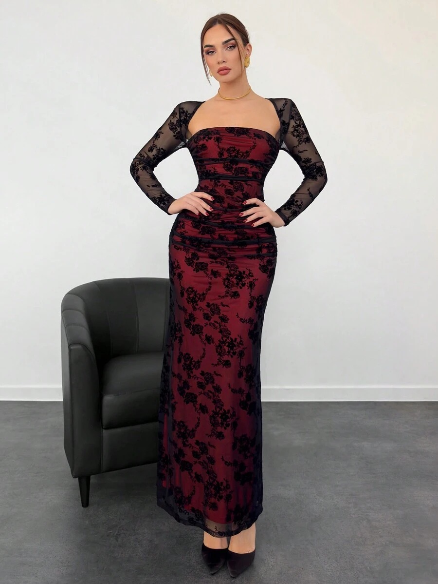 Womens Autumn/Winter New Velvet Jacquard Cutout Mesh Romantic Date Holiday Long Sleeve Lace Ruched Bodycon Dress,Summer Dresses For Women,Tea Party Dress