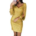 Women Dresses Europe and The United States New Women's V-neck Nightclub Party Fringe Bag Hip Dress. 