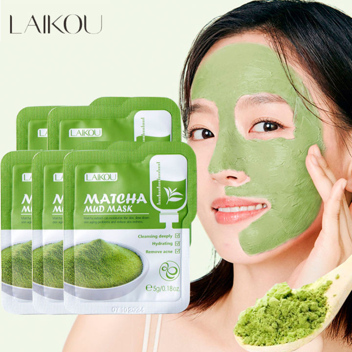 LAIKOU Matcha Mud Face Mask Anti Wrinkle Night Facial Packs Dark Circle Moisturize Anti Aging Green Clay Mask for Facecare-5pcs