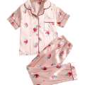 Girls' summer sleepwear thin design children's baby strawberry color Ding ice silk cool and cute home clothes two piece set. 