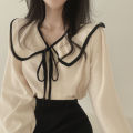 【Exclusive Limited Edition】 Spring and Summer 2023 New Doll Collar Lace-up Lantern Sleeve Shirt Women's Inner and Outer Wear Solid Color Shirt. 