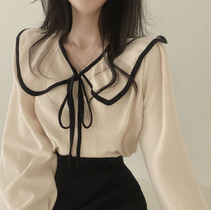 【Exclusive Limited Edition】 Spring and Summer 2023 New Doll Collar Lace-up Lantern Sleeve Shirt Women's Inner and Outer Wear Solid Color Shirt