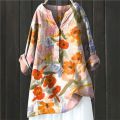 2024 Vintage Floral Art Print Linen Shirts Summer Women Casual Trendy V Neck Dressy Blouses Long Sleeve Button Tunic Long Tops.