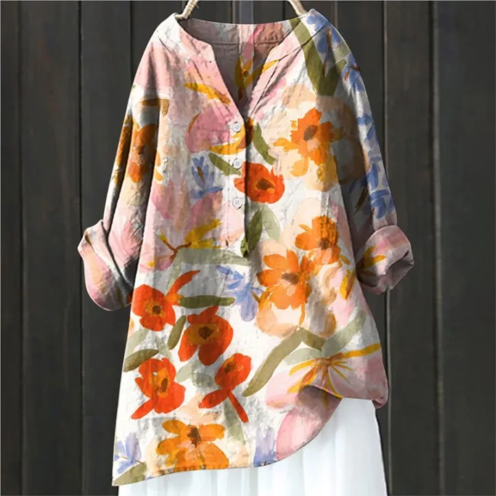 2024%20Vintage%20Floral%20Art%20Print%20Linen%20Shirts%20Summer%20Women%20Casual%20Trendy%20V%20Neck%20Dressy%20Blouses%20Long%20Sleeve%20Button%20Tunic%20Long%20Tops%20-%20Image%202